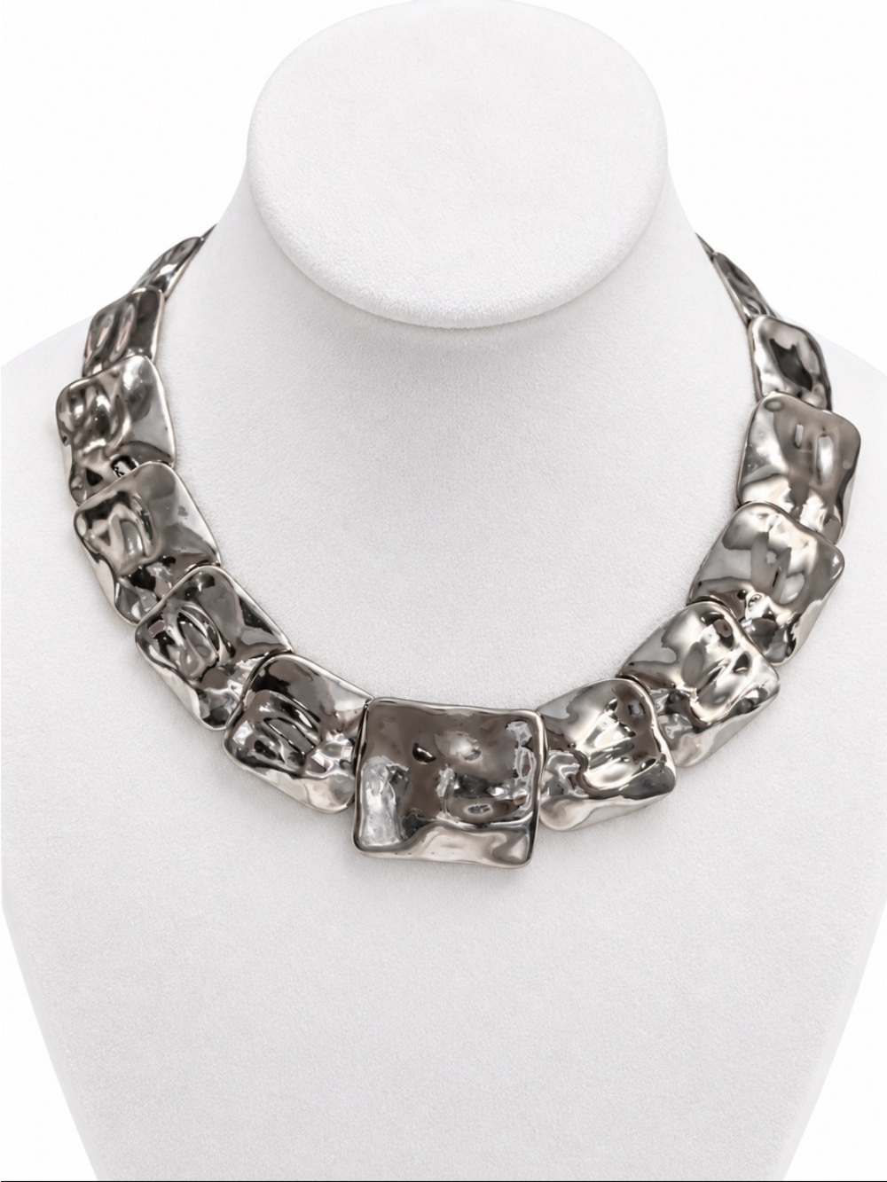 Silver Tone Hammered Square Link Statement Collar Necklace